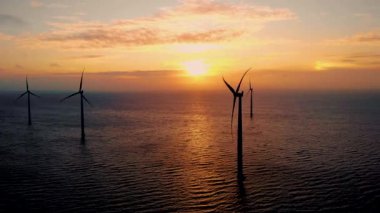 Yel değirmeni parkında gün batımı, okyanus havası manzaralı yel değirmeni parkı Flevoland Hollanda Ijsselmeer ile