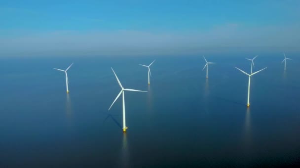 Windmill Turbines Clouds Blue Sky Windmill Park Ocean Aerial View — Vídeo de stock