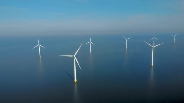 Windmill Turbines Clouds Blue Sky Windmill Park Ocean Aerial View — Stock Video