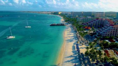 Palm Beach Aruba Karayipleri, Aruba Antilleri 'nde palmiye ağaçları olan beyaz kumlu plaj, insansız hava aracı manzarası.