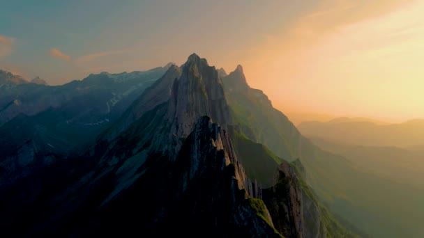 Solnedgång Vid Schaeffler Bergskedja Swiss Alpstein Appenzell Schweiz Brant Den — Stockvideo