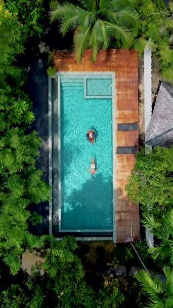 Couple Pool Aerial Drone View Swimming Pool Jungle Krabi Thailand — Video