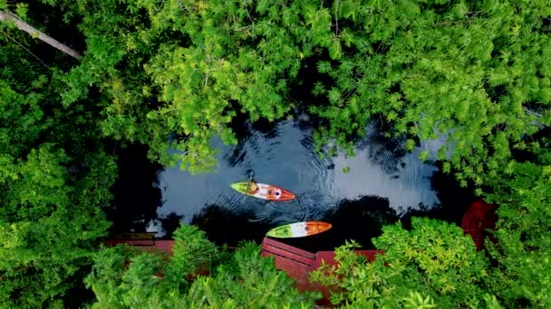 Krabi Tayland Ormanında Kano Süren Çift Krabi Mangrov Ormanındaki Tropikal — Stok video