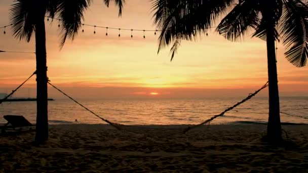 ナジョムティエンビーチで日没時にヤシの木とビーチチェア パタヤタイ — ストック動画