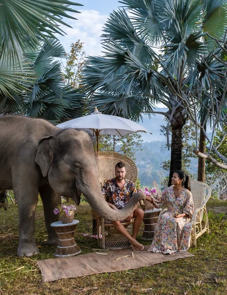 A couple visiting an Elephant sanctuary in Chiang Mai Thailand