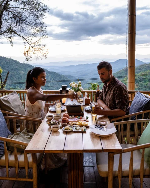 Couple Have Breakfast Outdoor Luxury Breakfast Mountains Chiang Mai Thailand — Stock Photo, Image