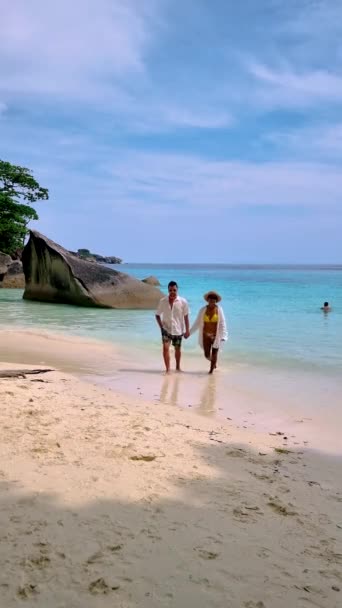 Couple Men Asian Women Relaxing Beach Tropical Island Similan Southern — Stockvideo