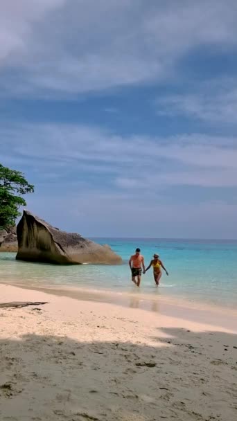 Couple White Men Asian Women Relaxing Beach Tropical Island Similan — Stockvideo