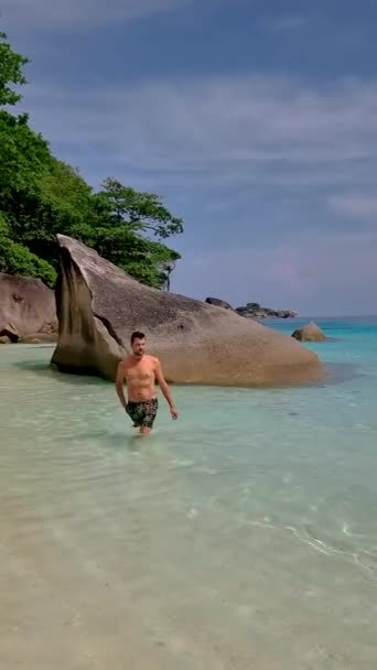 Young Men Swimshort Beach Tropical Island Similan Southern Thailand — Stockvideo