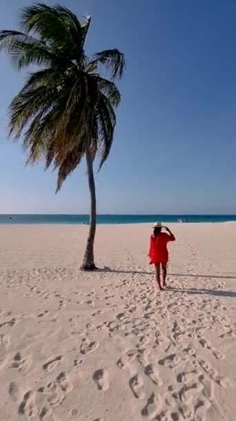 Women Red Dress Beach Palm Beach Aruba Sunny Day — Vídeo de Stock