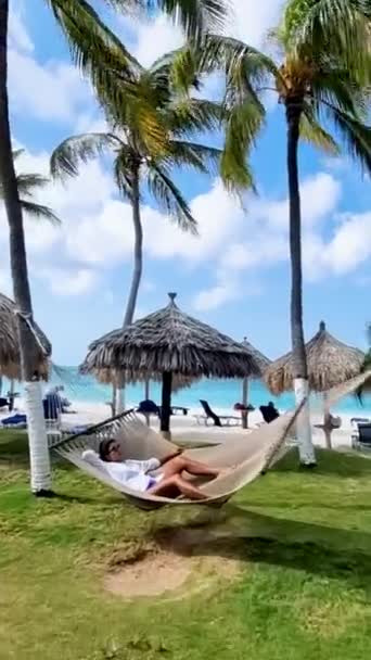 Women Hammock Palm Beach Aruba Women Hammock Tropical Beach — Stock video