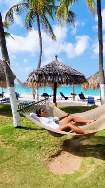 Women Hammock Palm Beach Aruba Women Hammock Tropical Beach — Stockvideo