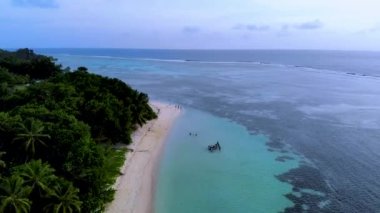 Anse Source D Argent beach La Digue Island Seychelles aerial view on tropical beach Seychelles on a cloudy day