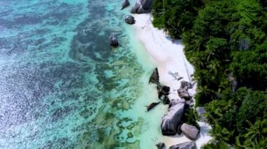 Anse Source D Argent beach La Digue Island Seychelles aerial view on tropical beach Seychelles.