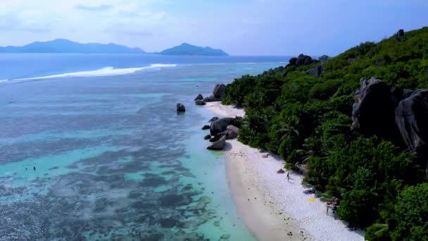 Tropical Beach Anse Source Argent Beach Digue Island Seychelles Aerial — Vídeo de Stock