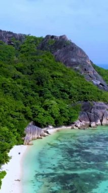 Anse Source D Argent beach La Digue Island Seychelles aerial view on tropical beach Seychelles.