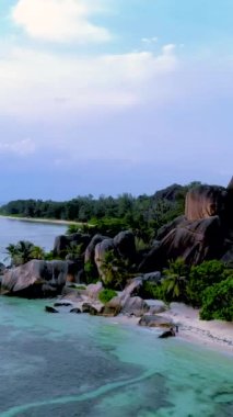 Anse Source D Argent beach La Digue Island Seychelles aerial view on tropical beach Seychelles.