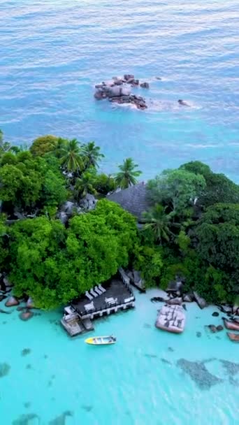 Seychelles Tropical Island Praslin White Beach Tropical Palm Trees Drone — Wideo stockowe