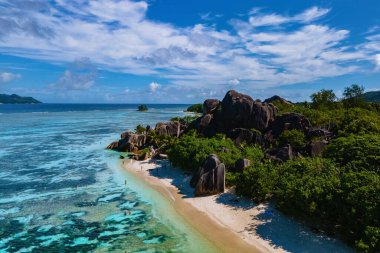 Anse Source dArgent beach, La Digue Island, Seychelles, Drone aerial view of La Digue Seychelles bird eye view.of tropical island