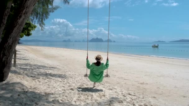 Asian Thai Woman Swing Beach Phuket Thailand Girl Relaxing Tropical — Video Stock