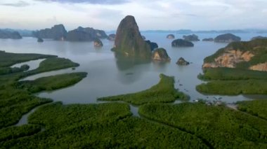 Drone aerial view at Sametnangshe Phangnga Thailand, Phangnga Bay Thailand, sunrise over Phangnga bay Samethnagshe viewpoint 