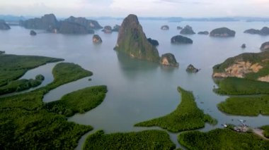 Drone aerial view at Sametnangshe Phangnga Thailand, Phangnga Bay Thailand, sunrise over Phangnga bay Samethnagshe viewpoint 
