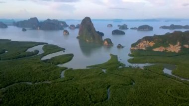 Drone aerial view at Sametnangshe Phangnga Thailand, Phangnga Bay Thailand, sunrise over Phangnga bay Samethnagshe viewpoint at sunset