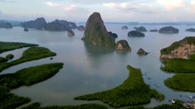 Drone aerial view at Sametnangshe Phangnga Thailand, Phangnga Bay Thailand, sunrise over Phangnga bay Samethnagshe viewpoint at sunset