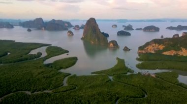 Drone aerial view at Sametnangshe Phangnga Thailand, Phangnga Bay Thailand, sunrise over Phangnga bay Samethnagshe viewpoint at sunset