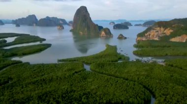 Drone aerial view at Sametnangshe Phangnga Thailand, Phangnga Bay Thailand, sunrise over Phangnga bay Samethnagshe viewpoint 