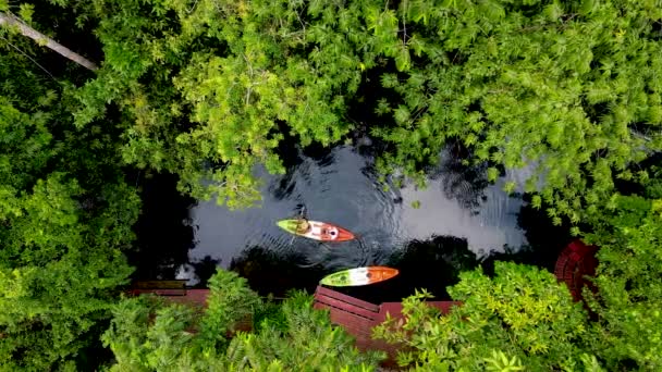 Drone View Couple Kayak Rainforest Jungle Krabi Thailand Summer Vacation — Stock Video