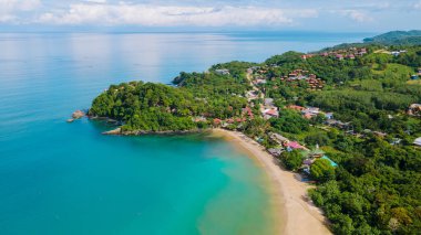 Drone view from above at Ko Lanta Krabi Thailand, the tropical white beach at Koh Lanta Kantiang bay, drone aerial view of the beach.