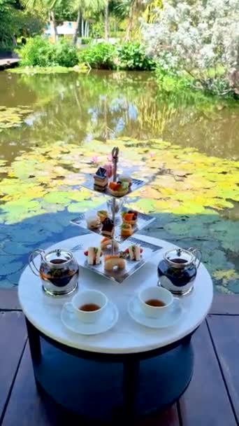 Afternoon Tea Water Pond High Tea Tropical Garden Flowers Thailand — 图库视频影像