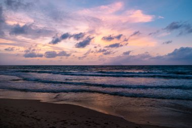 Sunset on a tropical beach at the Seychelles Islands. 