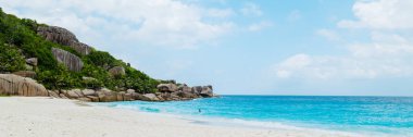 Tropical beach with huge boulders and palm trees Coco Island Tropical Seychelles Islands. 