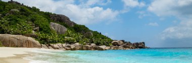 Tropical beach with huge boulders and palm trees Coco Island Tropical Seychelles Islands. 
