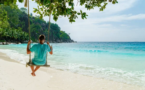 Young Men Relaxing Swing Beach Mahe Tropical Seychelles Islands — Stockfoto