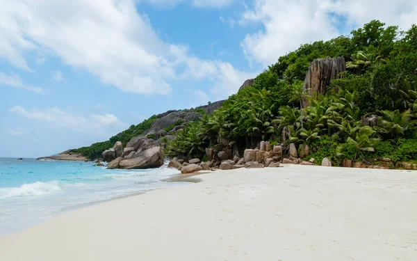 White Tropical Beach Huge Boulders Palm Trees Coco Island Tropical — 图库照片