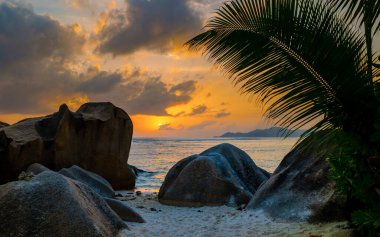 Anse Source dArgent beach La Digue Seychelles Islands, white tropical beach with granite boulders. 