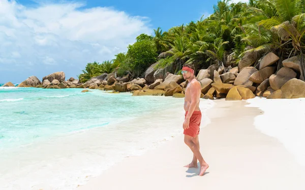 Young Men Swim Short Tropical Beach Palm Trees Grand Anse — Stockfoto
