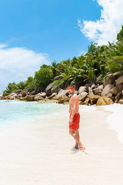 Young Men Red Swim Short Tropical Beach Palm Trees Grand — Stockfoto