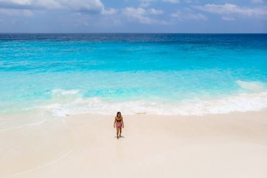 woman walking at the beach, Drone view from above at a tropical beach in the Seychelles Cocos Island