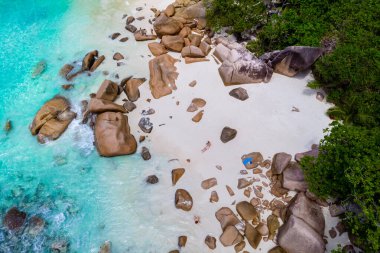 Drone view from above at Anse Lazio beach Praslin Island Seychelles.
