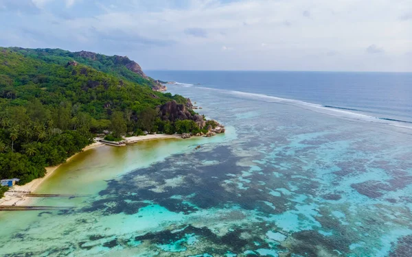Drone View Tropical Beach Seychelles Anse Source Dargent White Tropical — Stockfoto