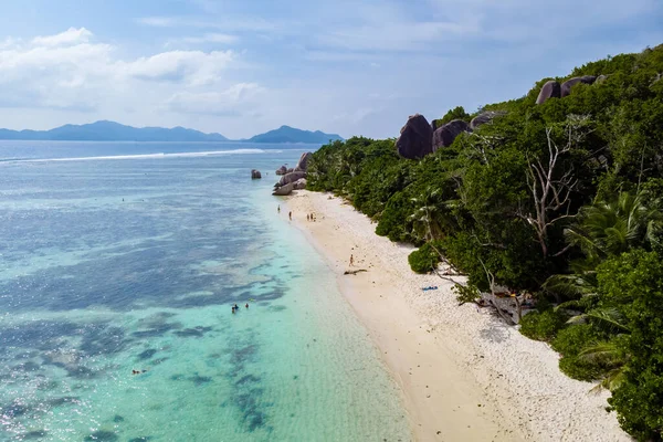 Drone View Tropical White Beach Seychelles Anse Source Dargent White — 图库照片