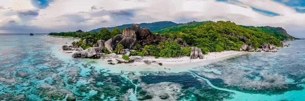 Drone View Tropical White Beach Seychelles Anse Source Dargent White — Foto Stock