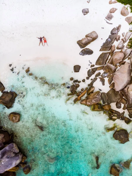 Drone View Anse Lazio Beach Praslin Island Seychelles Couple Men —  Fotos de Stock