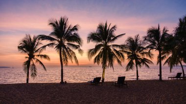 sunset on the beach of Pattaya Thailand in the evening with palm trees