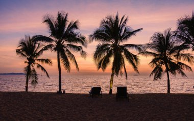 sunset on the beach of Pattaya Thailand in the evening with palm trees