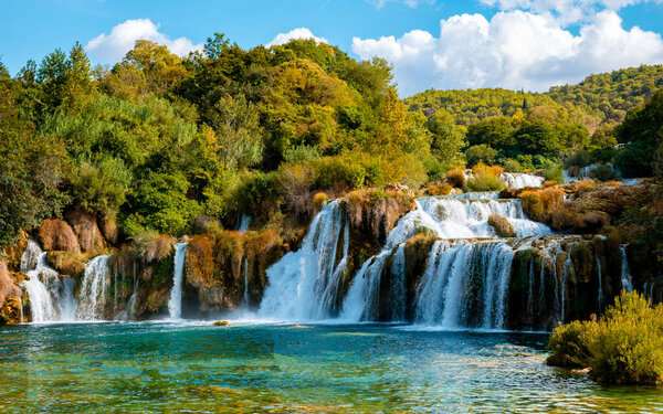 KRKA waterfalls Croatia during summer, krka national park Croatia on a bright summer evening in the park. 